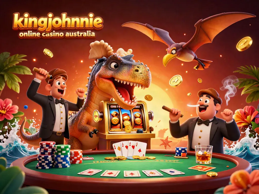 Experience excitement at kingjohnnie online casino australia with a vibrant 3D scene featuring animated dinosaurs and gambling elements.