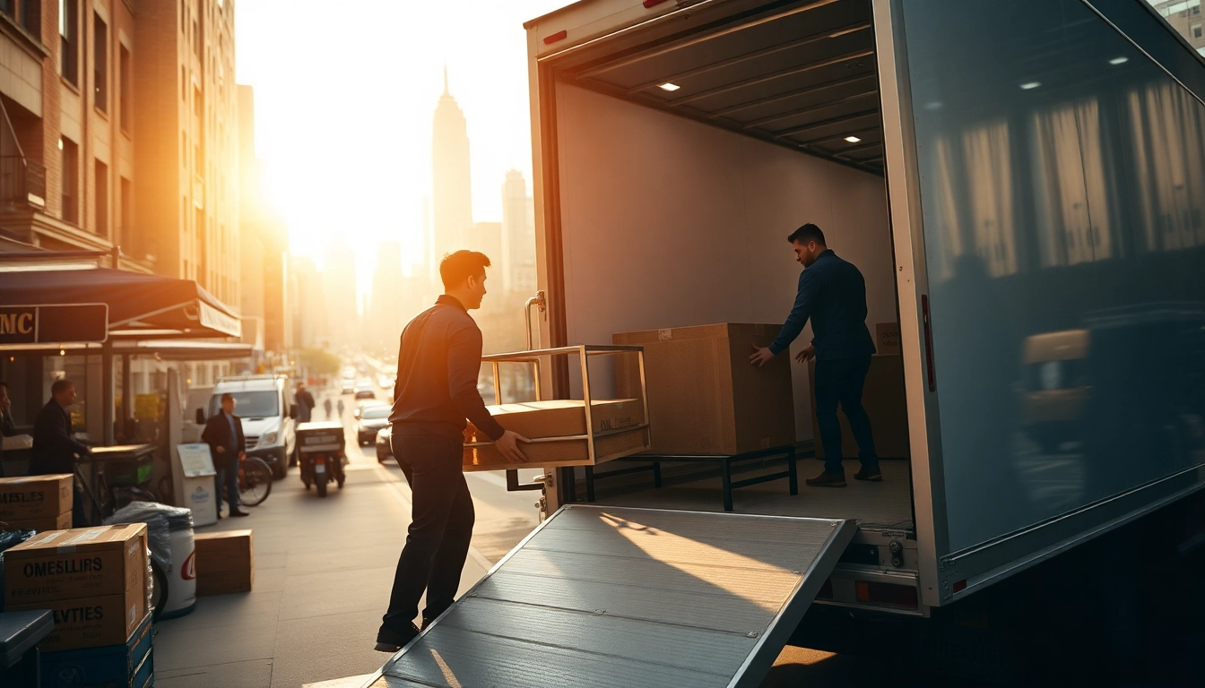 Movers Manhattan NY efficiently loading furniture into a moving truck in a bustling New York City.