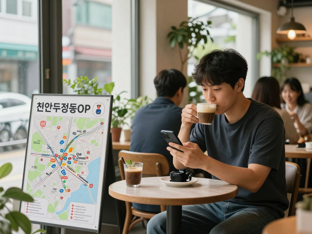 천안 두정동OP 서비스를 찾는 고객이 편안한 카페에서 스마트폰을 확인하는 모습