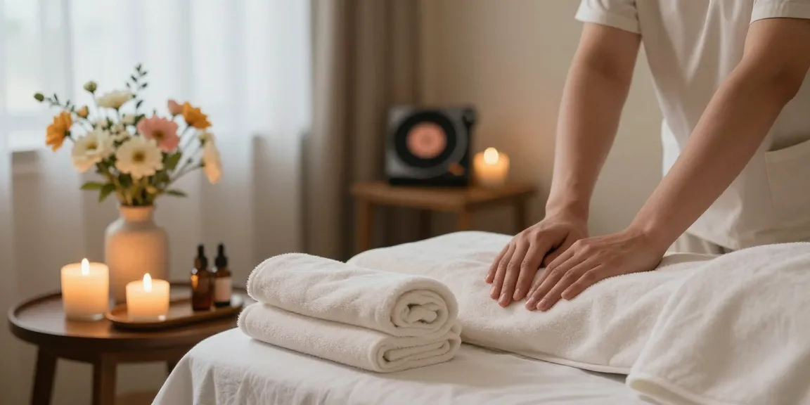 Experience peaceful 용인출장안마 with a serene home spa setup featuring candles and fresh flowers.