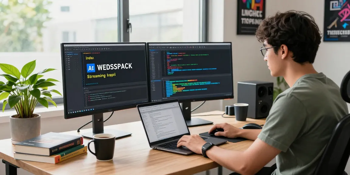 Developer utilizing the index WebSocket streaming API in a modern workspace with dual monitors, coffee, and technical documentation.