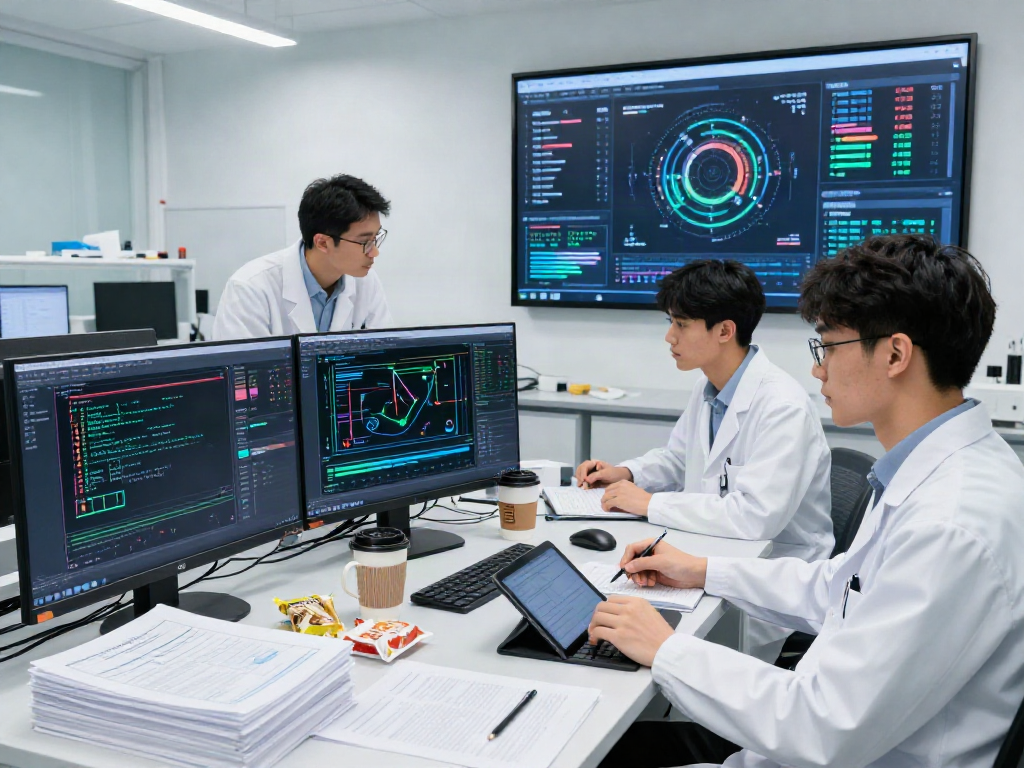 AI Detection research team analyzing data patterns in a modern lab.