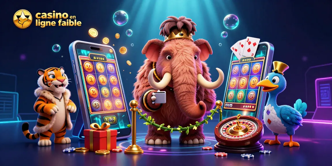 Illustration d'un bouncer mammouth vérifiant les identités devant un casino en ligne fiable, avec un VIP tigre de sabre et un portier dodo.