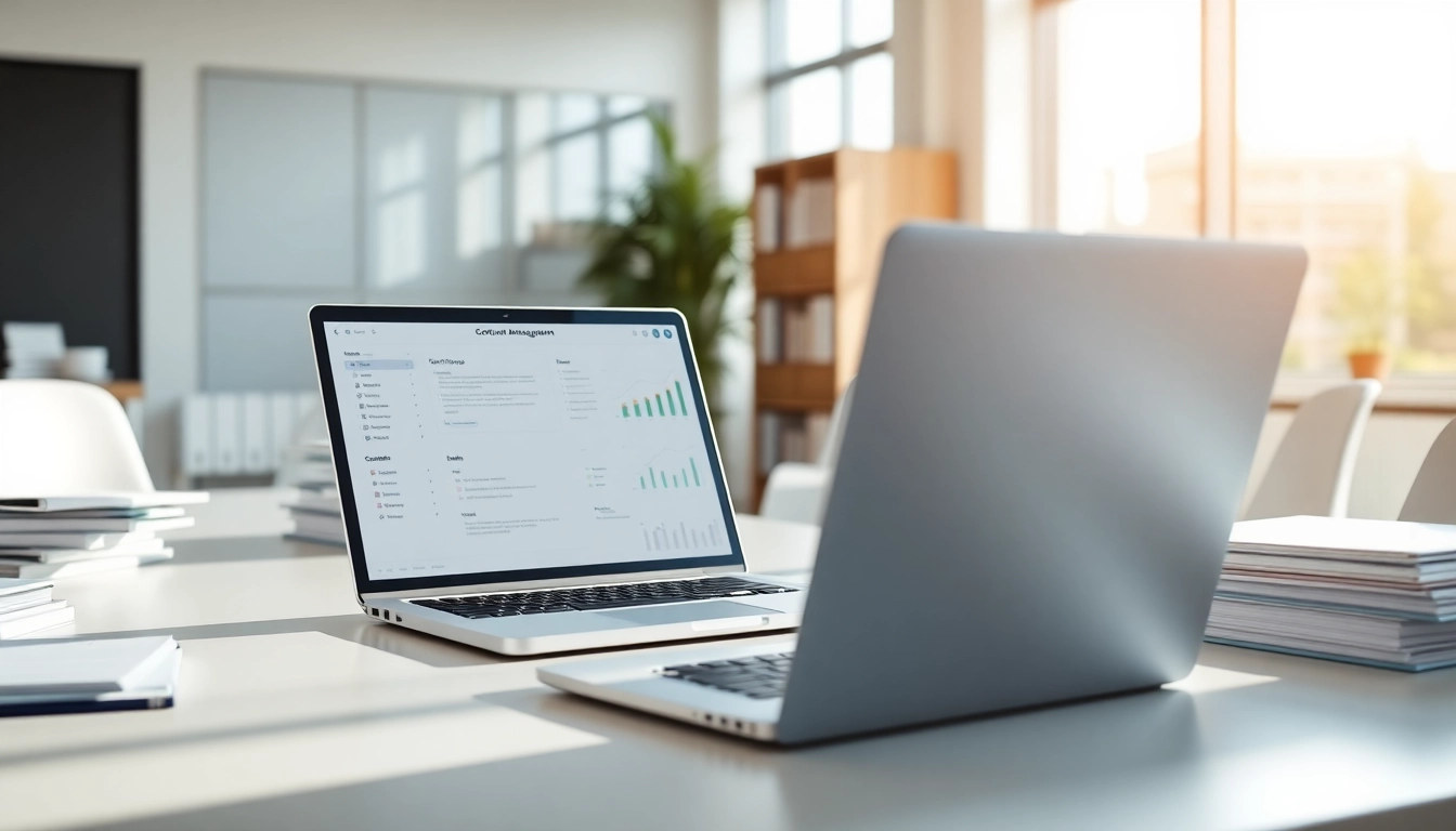 Utilizing contract administration documentation software on a sleek laptop in a bright office.