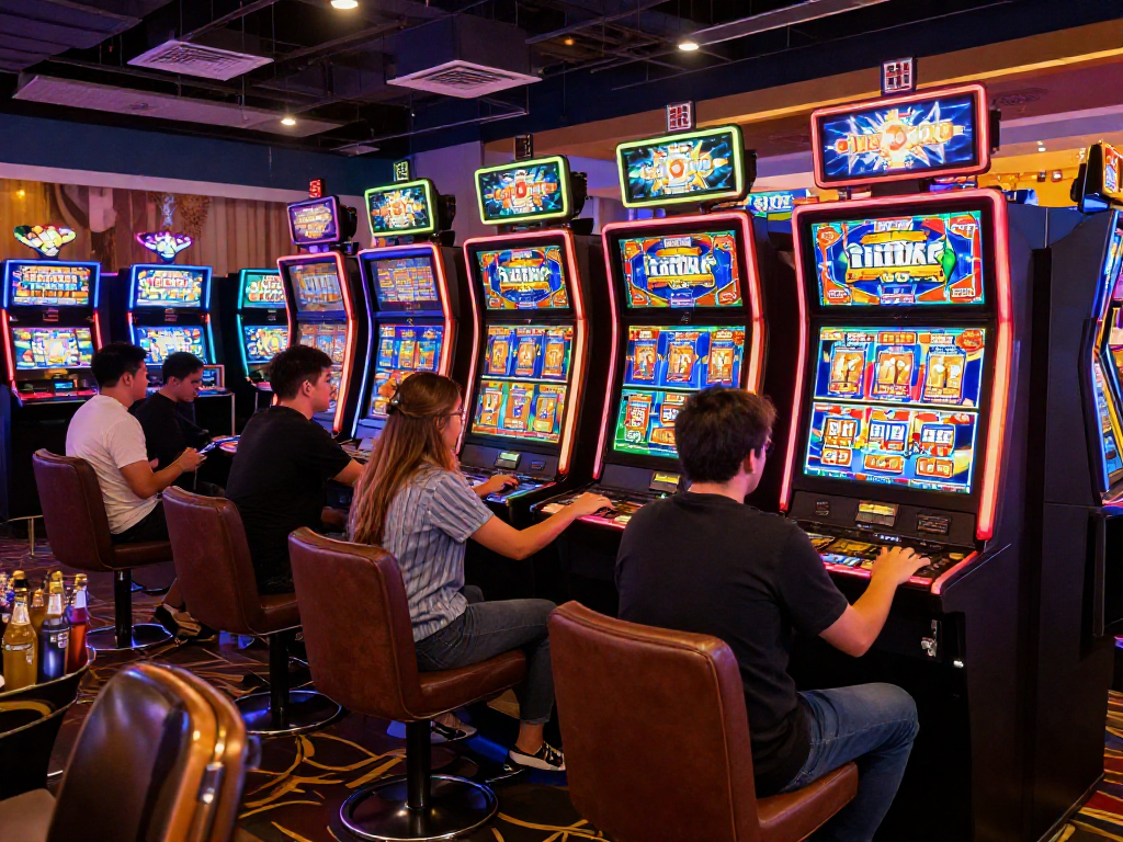 Pengunjung bermain slot88 dengan suasana kasino yang ceria dan berwarna-warni.