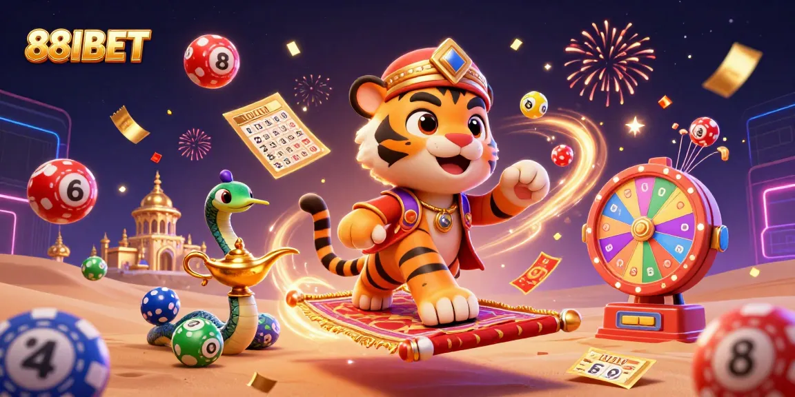 Experience the excitement of 88IBET with vibrant casino elements and a magical Arabian scene.