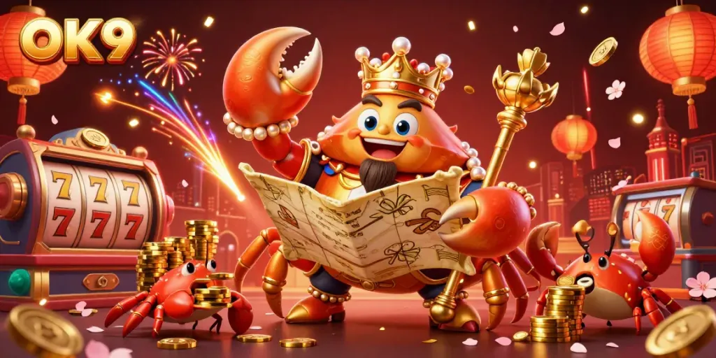 Experience the thrilling atmosphere of OK9's online casino with a majestic crab emperor and vibrant gaming elements.