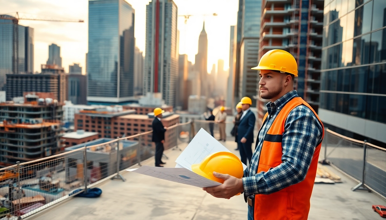 New York Construction Manager overseeing a bustling construction site in New York City.