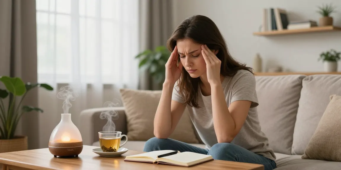 Young woman addressing causes of frequent headaches in a serene home setting, surrounded by calming elements like herbal tea and plants.