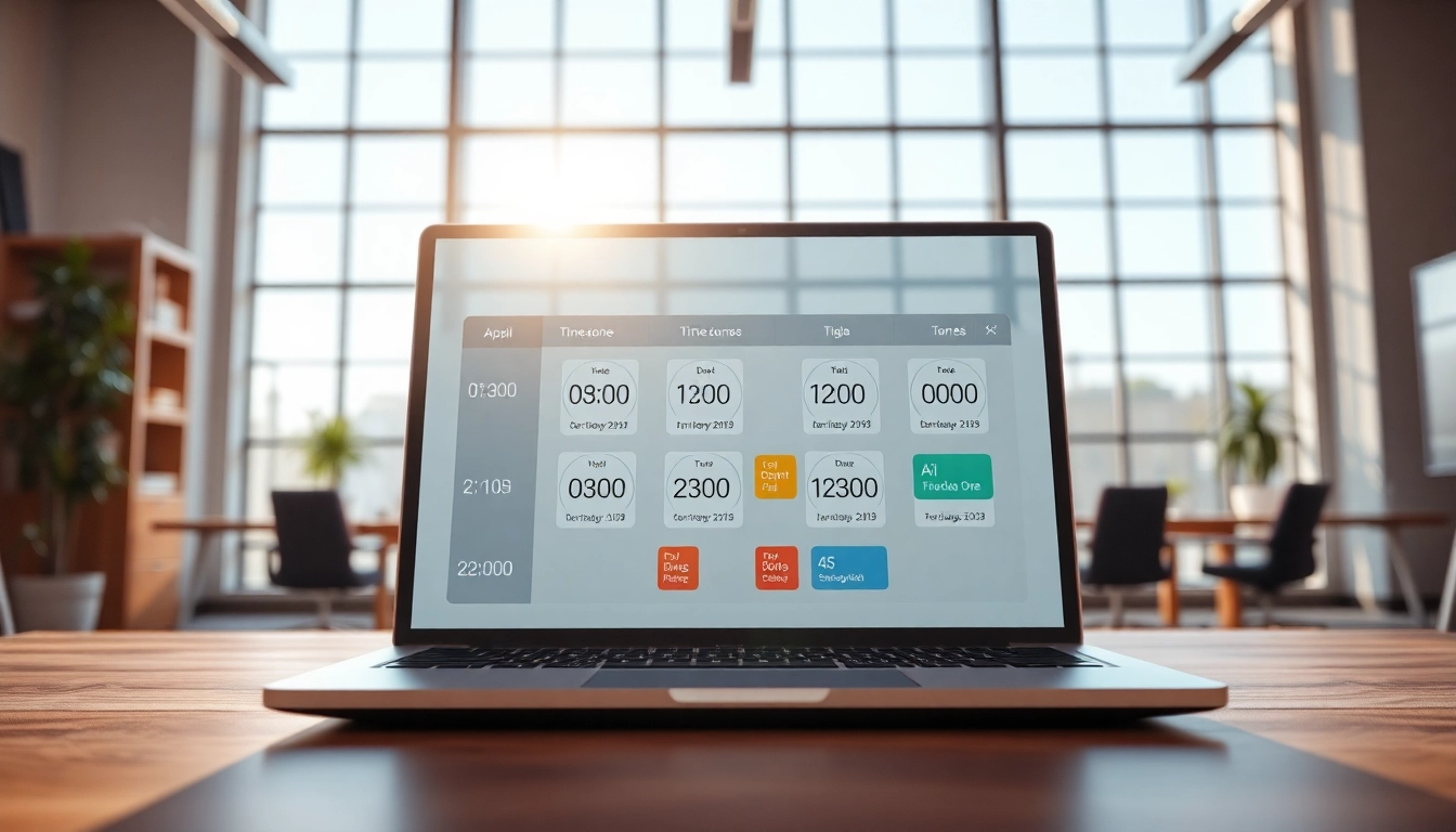 Visual representation of AI scheduling with time zones tools on a laptop in a vibrant office setting.