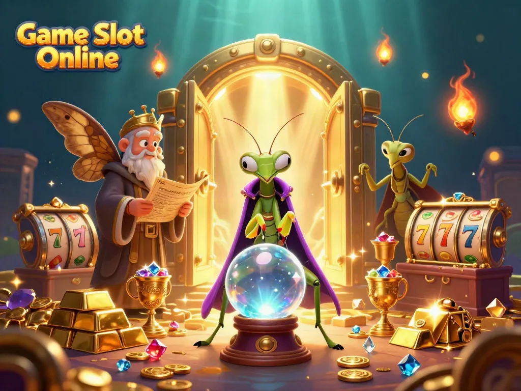 Experience dynamic Game Slot Online visuals with cartoon fortune tellers and treasure elements.