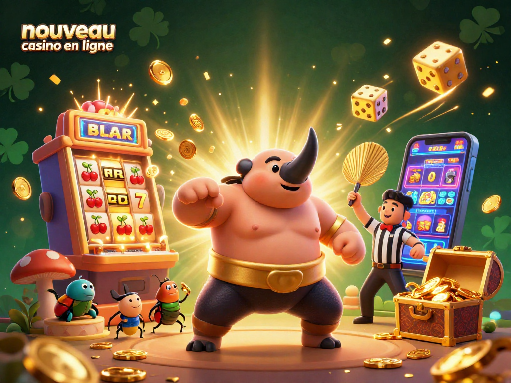 Visualisez un nouveau casino en ligne avec un champion scarabée dans un combat épique, avec des pièces d'or et une machine à sous explosant de joie.