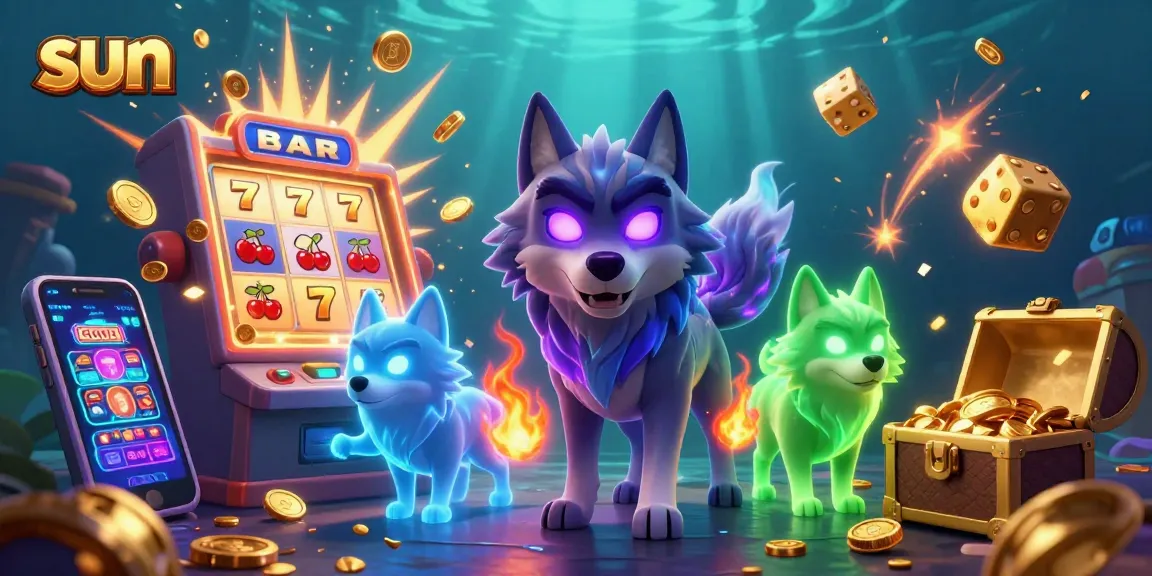Engage in thrilling slot games at Sun with dynamic visuals of game elements and spectral wolves.