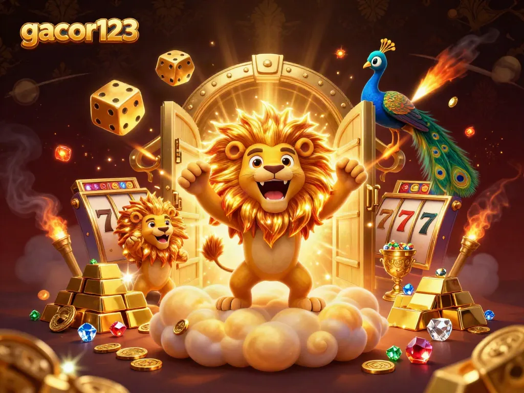 Experience exhilarating wins with gacor123, featuring vibrant characters in a dynamic casino setting with gold elements.
