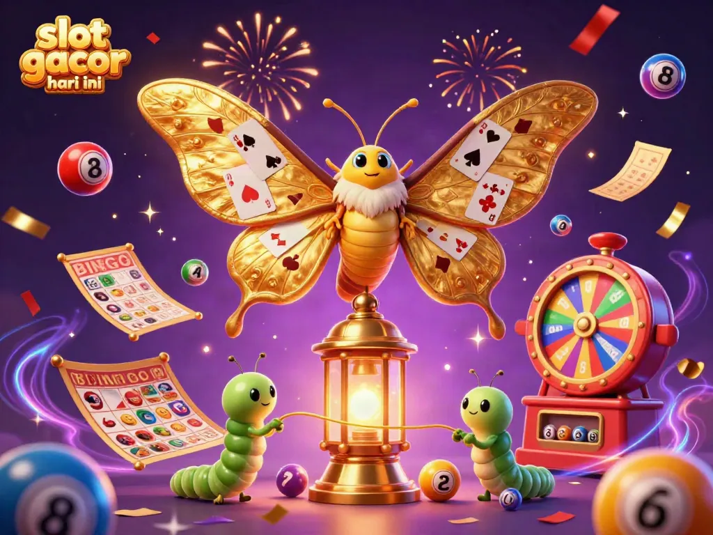 Engage in thrilling gaming with the vibrant slot gacor hari ini scene featuring a majestic atlas moth and casino elements.