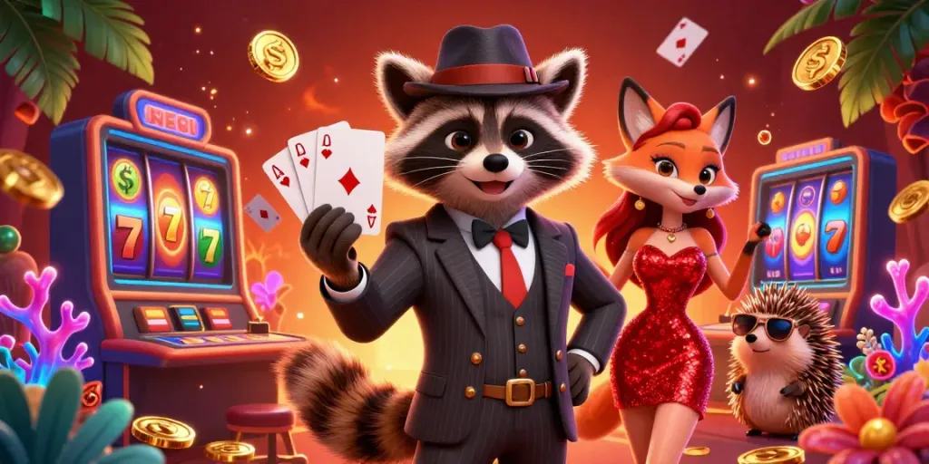 Experience thrilling gaming moments with zbet68's charming raccoon and friends in a vibrant online casino scene.