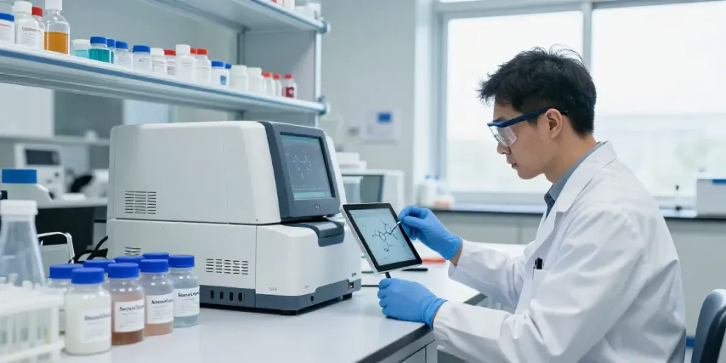 Researcher in a lab examining high-purity SwissChems peptides and chemicals with advanced equipment.