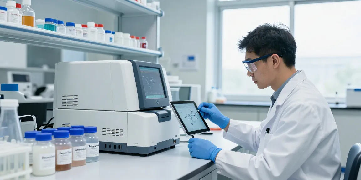 Researcher in a lab examining high-purity SwissChems peptides and chemicals with advanced equipment.