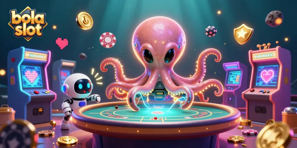 Engage in exciting bola slot gameplay with a vibrant alien octopus at a holographic poker table.
