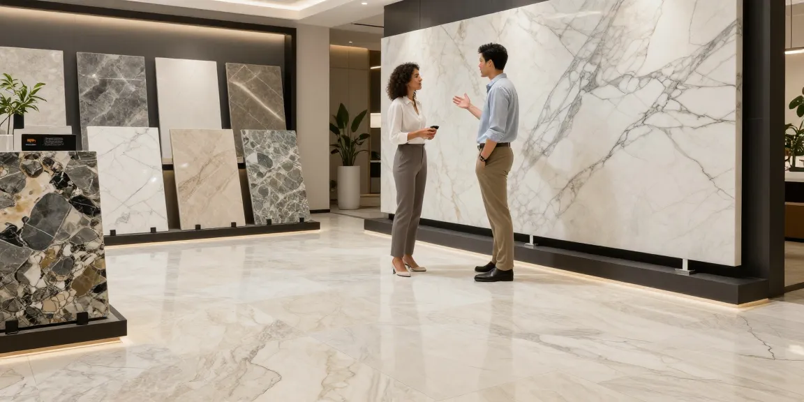 Consultation at NAGA2000's elegant showroom featuring premium stone flooring options.