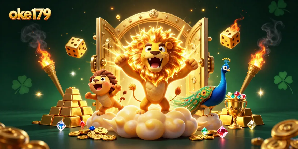 Play exciting games at oke179, featuring golden dice and a roaring lion in a vibrant casino scene.