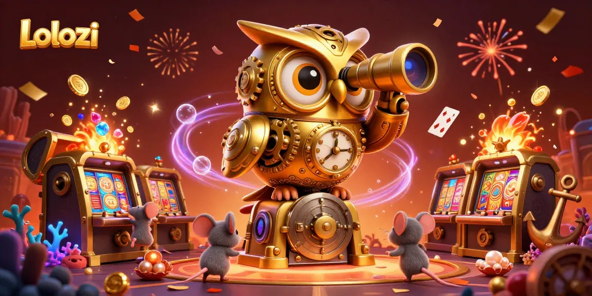 Lolozi casino scene featuring a golden owl, mice patrons, and vibrant slot machines with treasure