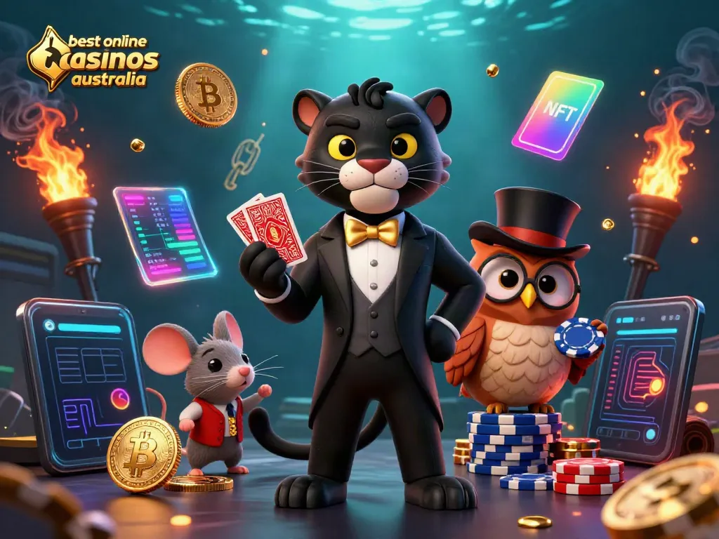 Experience the thrill of the best online casinos Australia with dynamic characters like a stylish panther and an owl amid vibrant crypto elements.
