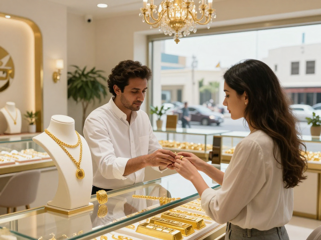 mantra88 showcases an elegant jewelry shop, highlighting 24K gold jewelry and a jeweler assisting a customer.