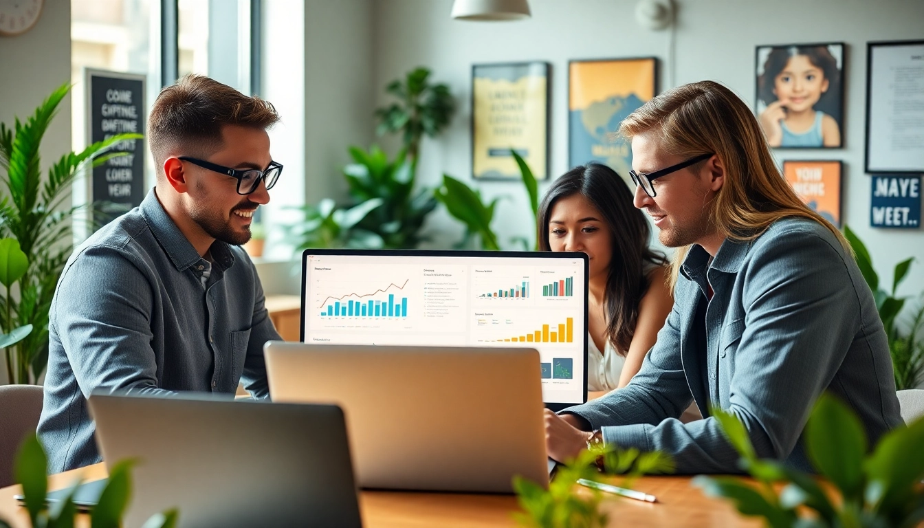 Showcasing Shopify website development services with digital marketers collaborating in a bright office.