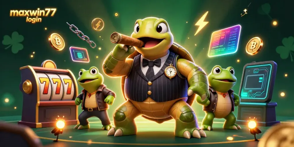 Maxwin77 login shows a 3D turtle in pinstripe suit alongside bullfrogs, emphasizing vibrant slot gaming atmosphere.