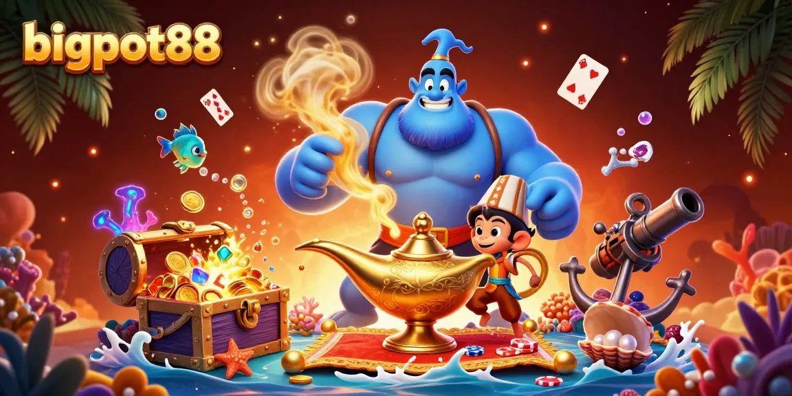 Win big with bigpot88 as a majestic genie emerges from a magical lamp amidst casino treasures.