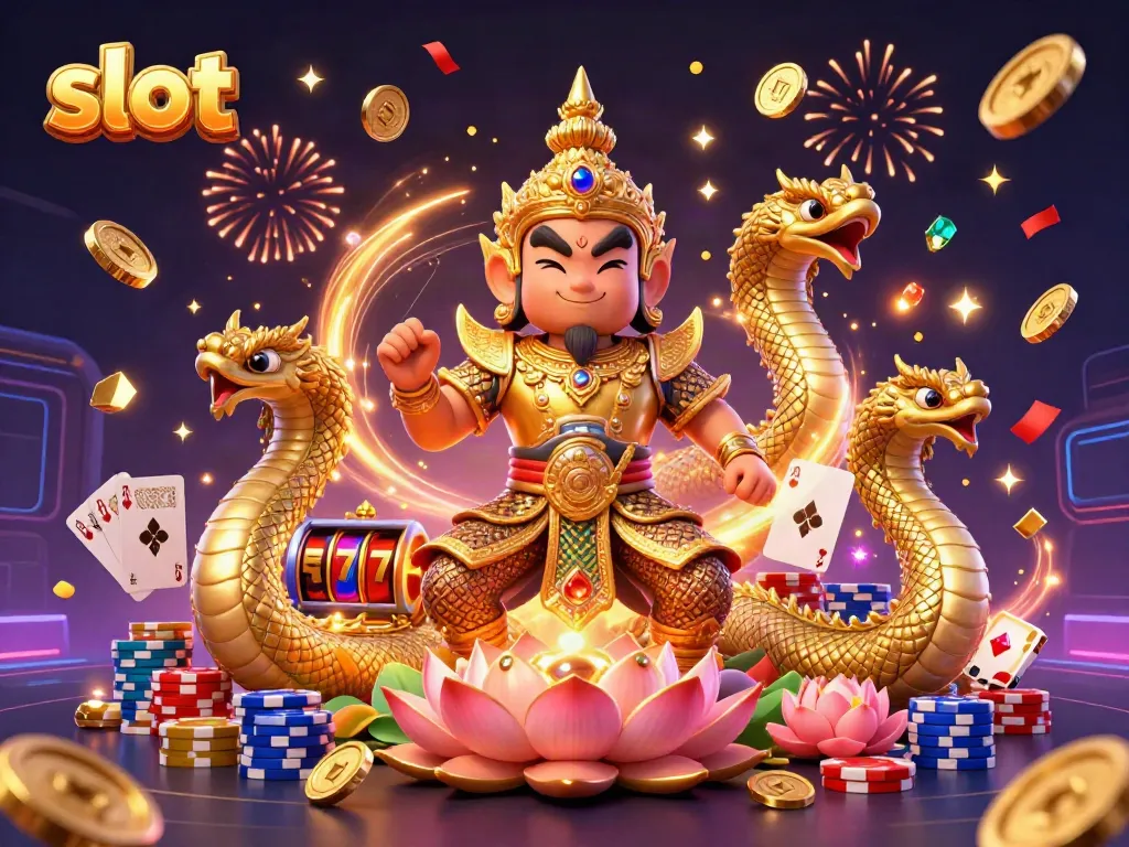 Bermain slot dengan fitur menarik bersama penjaga kuil Thai dan naga, dikelilingi oleh koin emas.