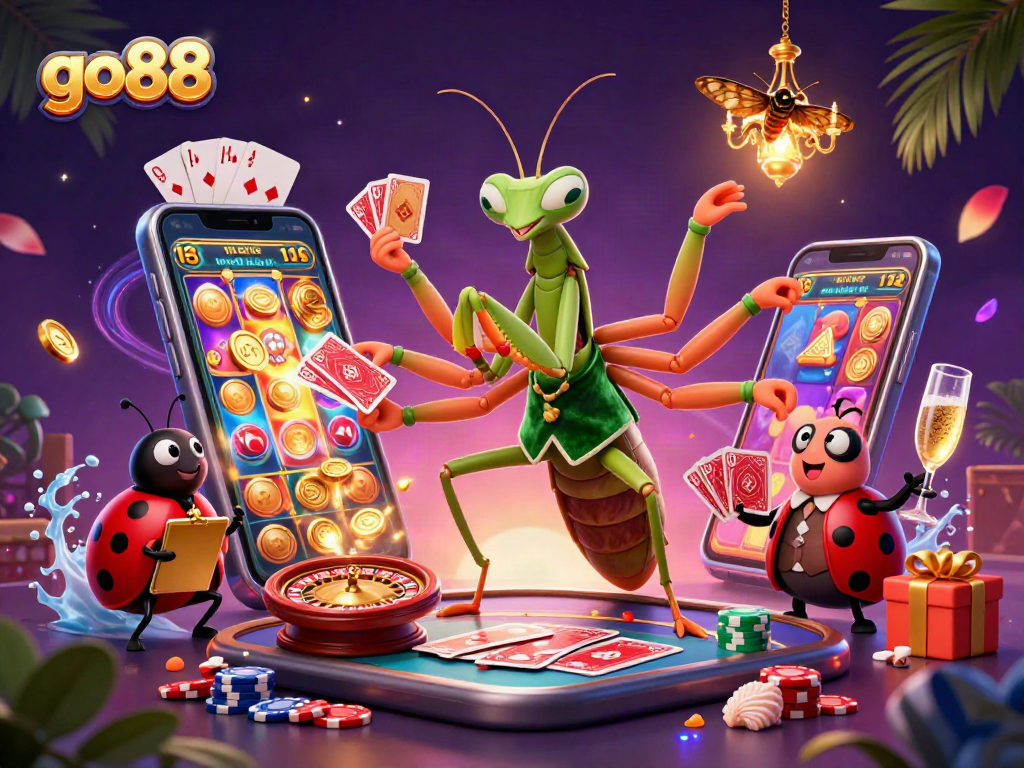 Go88 characters engage in thrilling card games amid vibrant casino elements.
