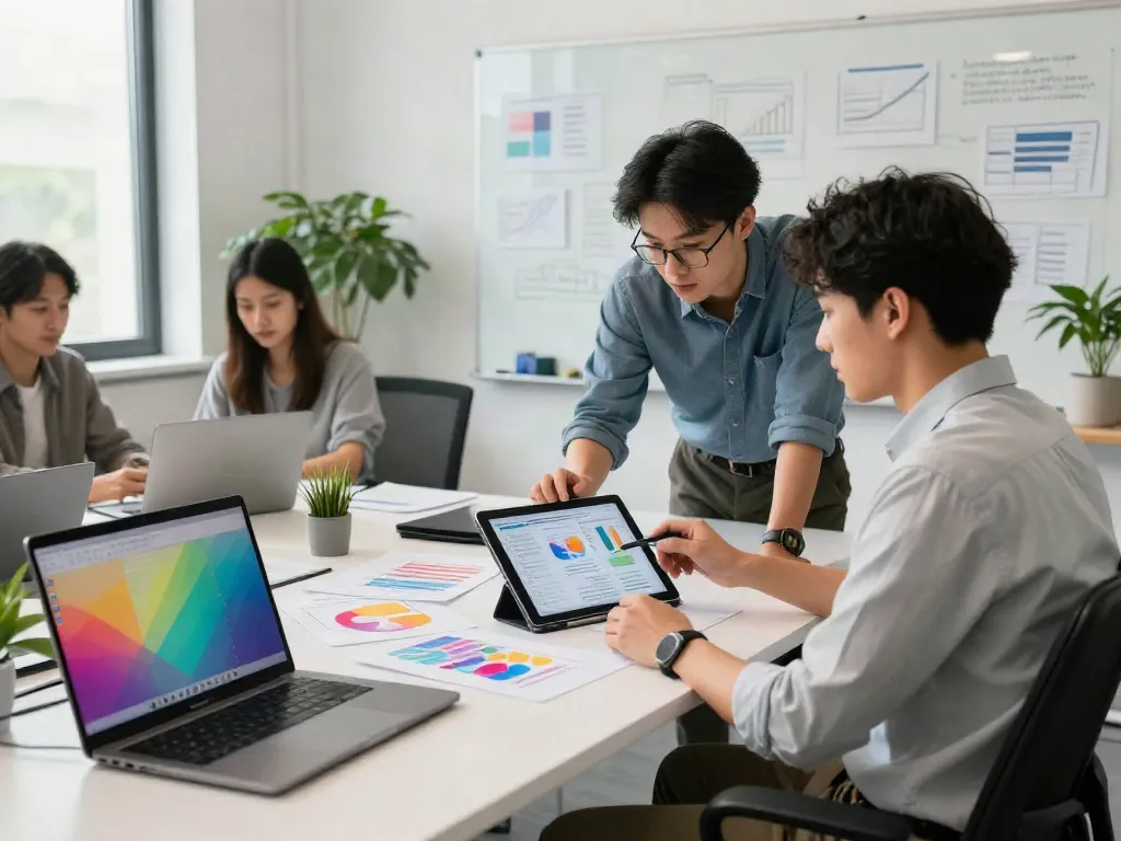 Team collaboration in a vibrant office, showcasing effective project management right here.