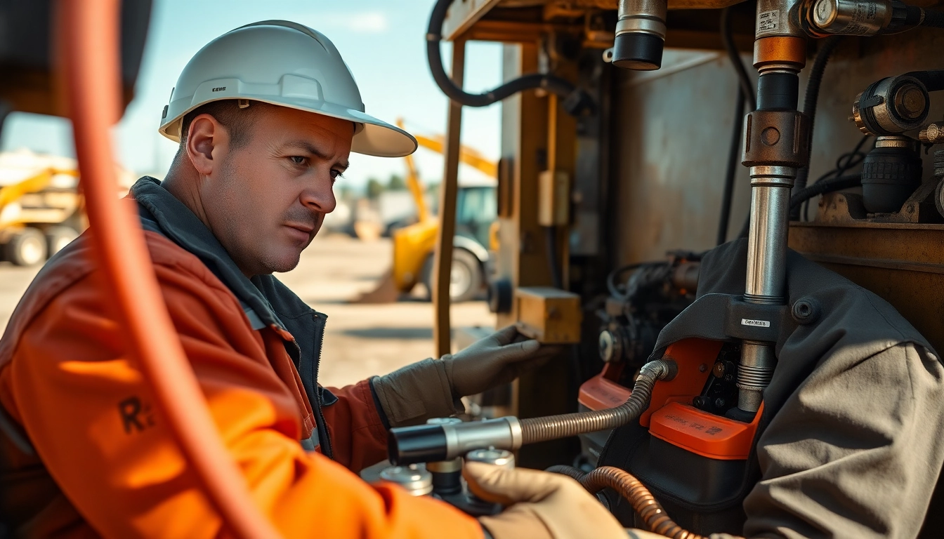 Mobile equipment service technician repairing machinery on-site, showcasing expertise and professionalism.