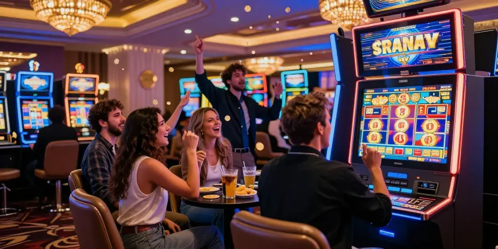 Friends celebrating a slot jackpot win at a brightly lit casino machine