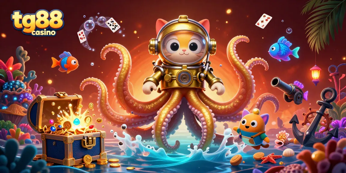 Engage with tg88 casino's vibrant underwater scene featuring a kraken, diving cat, and treasure elements.