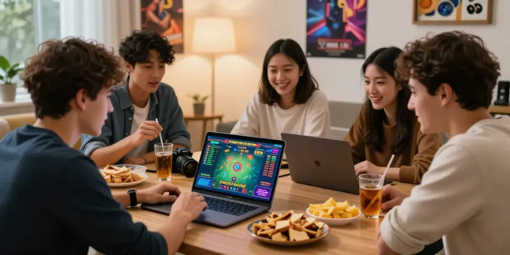 Friends enjoying an online gaming session with plustoto4d on a laptop.