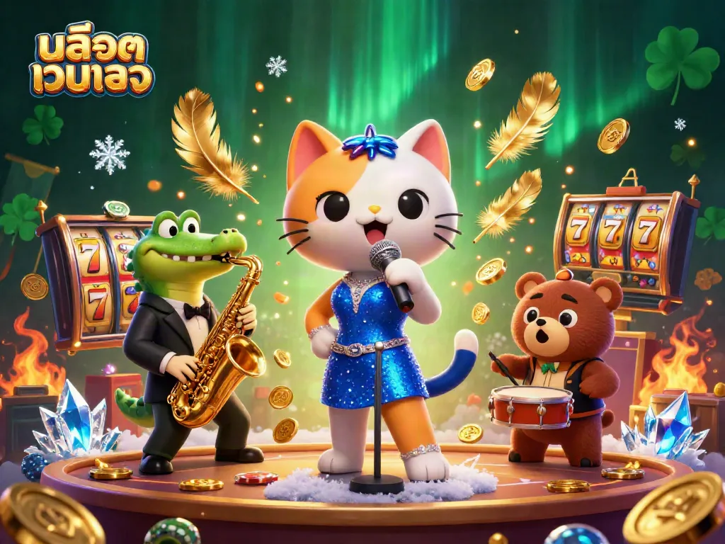 Engage with สล็อตเว็บตรง excitement featuring a jazzy cat singer, a croc saxophonist, and a bear drummer in a vibrant casino scene.