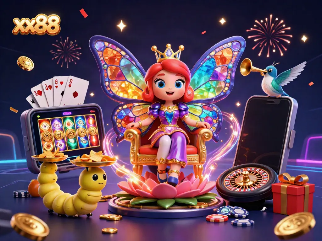 Experience the vibrant xx88 gaming world with a butterfly queen and festive casino elements.