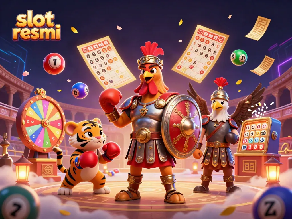 Slot resmi: Berbagai elemen permainan mengelilingi ayam gladiator berwarna-warni di arena
