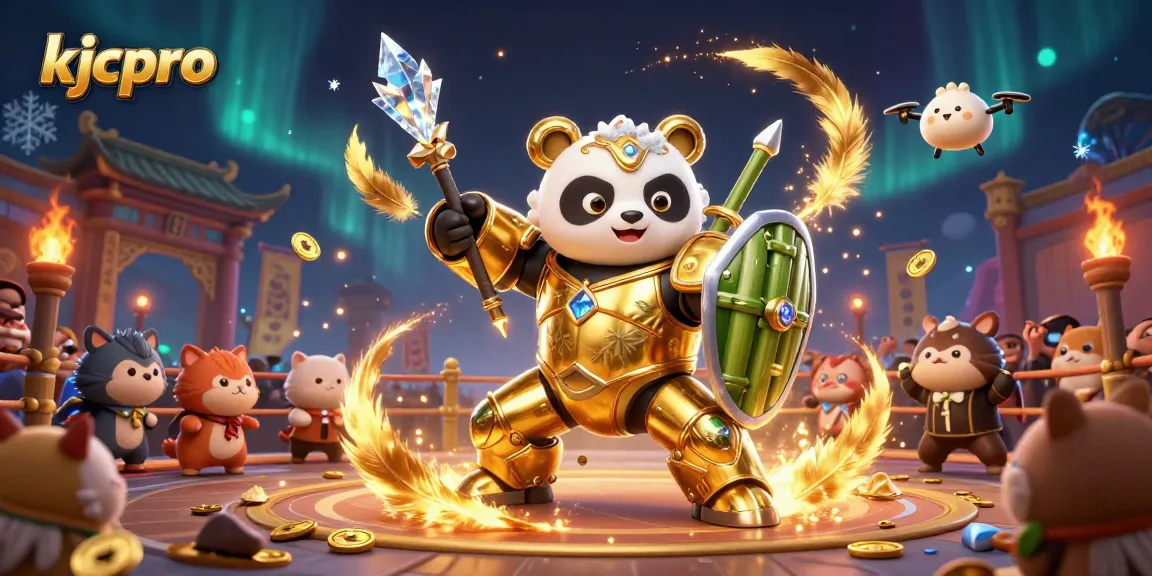KJCPro offers an exciting gaming atmosphere with a golden panda piloting a robot, surrounded by vibrant casino elements.