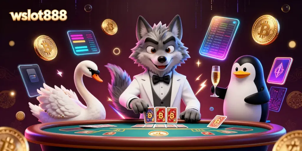 Menangkan jackpot di wslot888 dengan karakter kasino yang elegan dalam ilustrasi 3D.