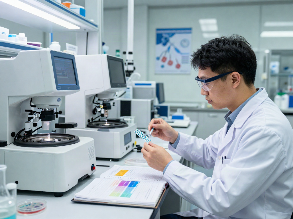 KPV peptide research in a lab, scientist analyzing samples with high-tech equipment