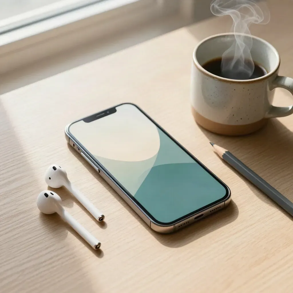 Top-down phone mood tracker on a pale oak desk with earbuds, pencil, and a steaming stone mug.