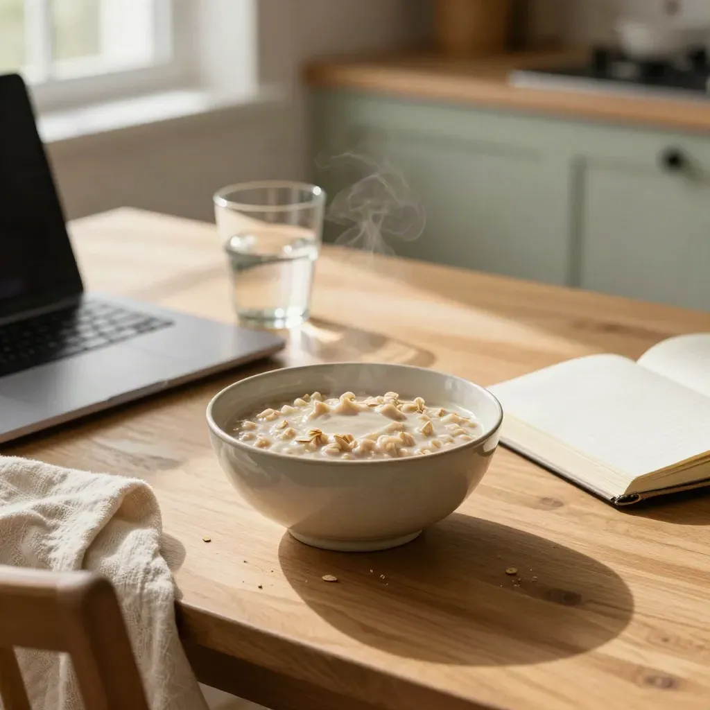 Warm kitchen table with oatmeal, water, journal, closed laptop, and a folded throw by a window.