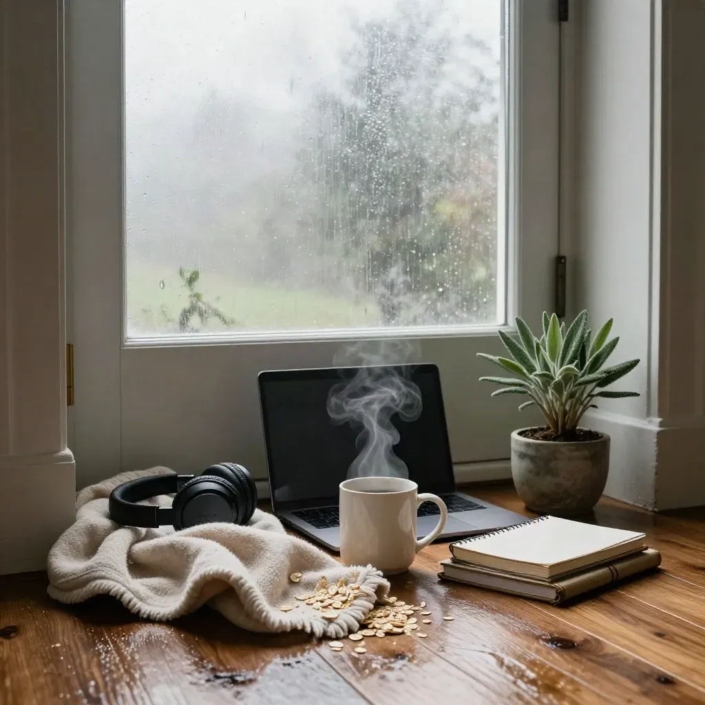 Rain-washed wellness corner with laptop, headphones, steaming mug, blanket, journal stack and plant.