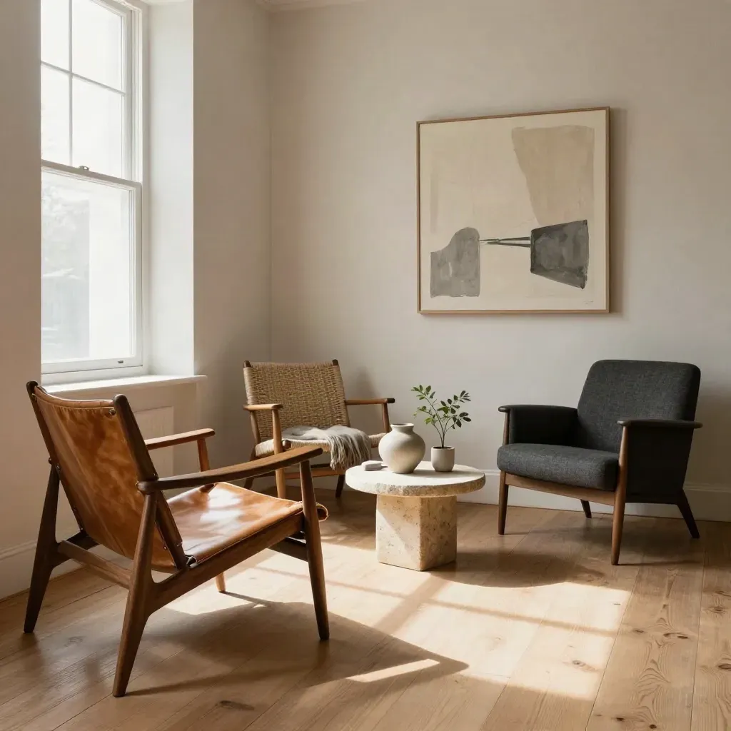 Quiet counselling nook with three chairs, side table, plant, and abstract wall art in moody light.