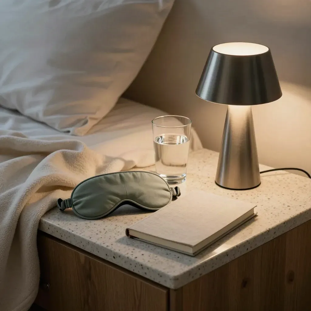 Bedside lamp, water glass, sleep mask, blanket and closed notebook on a calm nightstand