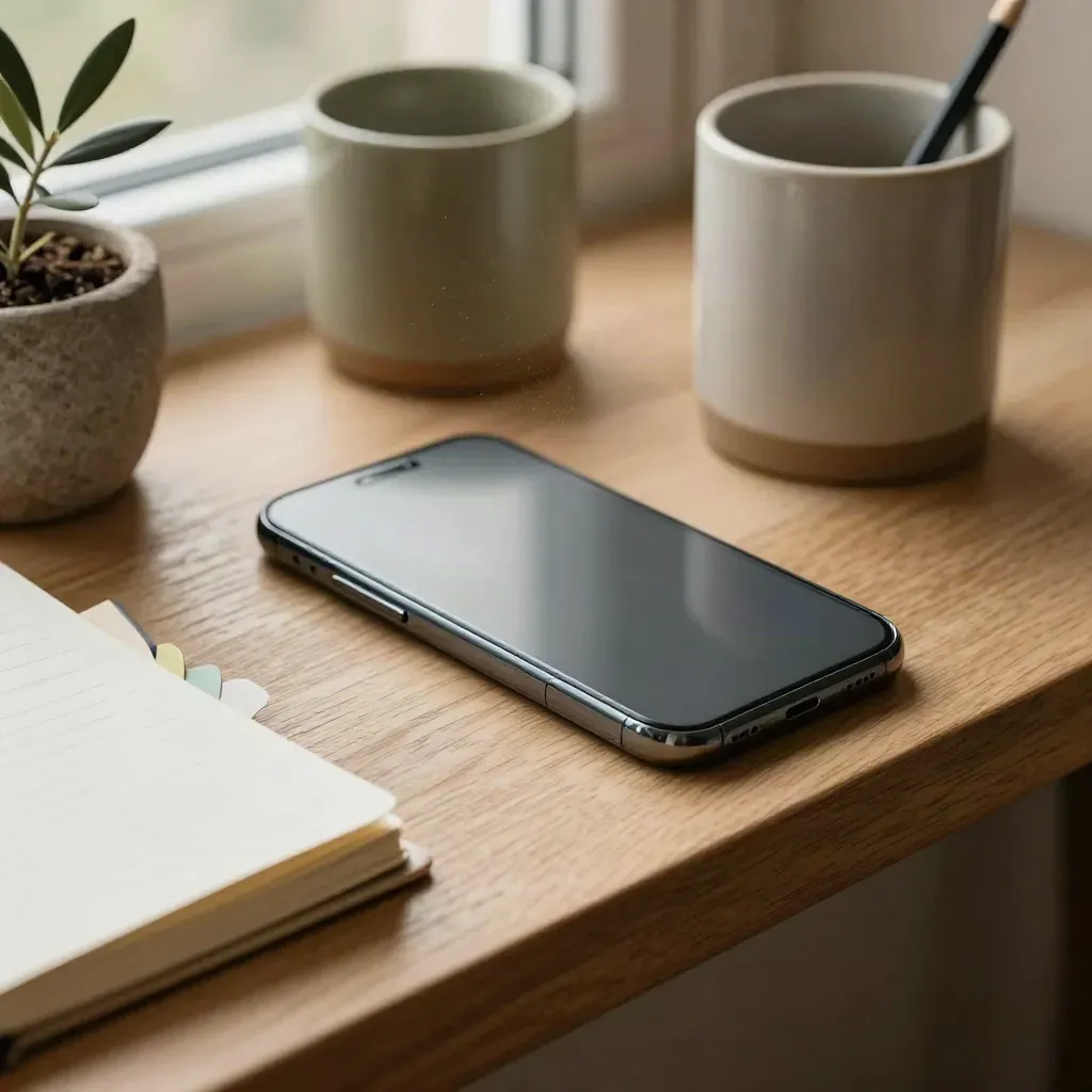 Top-down shelf kit with phone, notebook, color tabs, pencil cup, and plant in soft window light
